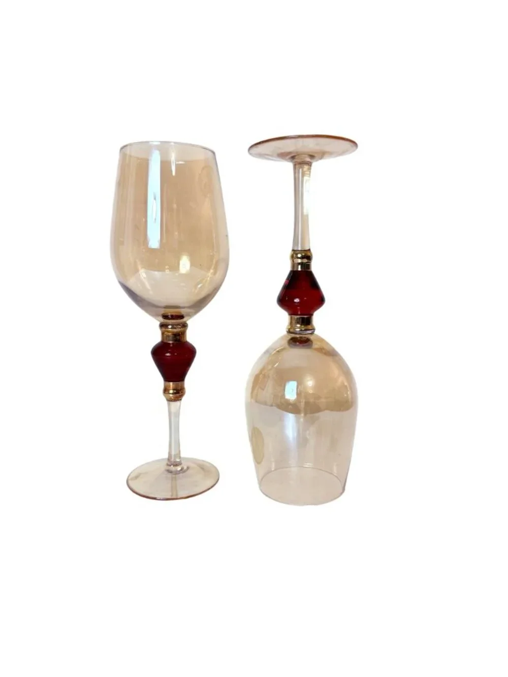 Pier 1 Amber Wine Glasses Set of 2 VTG Elegant Holiday Goblets Bar Cart Decor